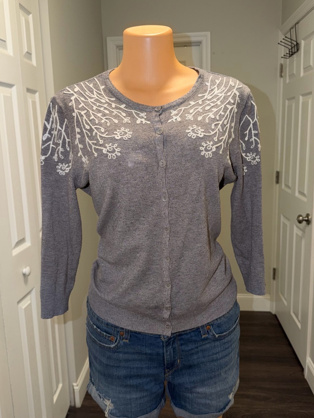 RAIN + Rose Gray Embroidered Button-Up Sweater Cardigan - Women size M